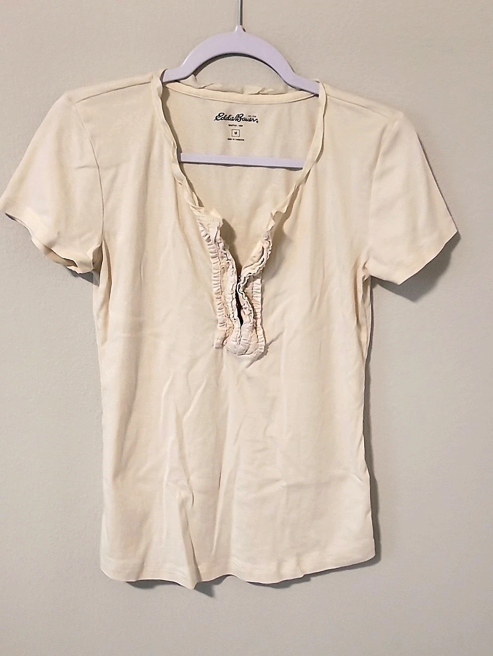 Eddie Bauer Cotton Ruffle Neck Tee in Cream Size Medium